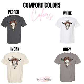 Boho cow skull Comfort Colors t-shirt color options - Seven Feathers Boutique