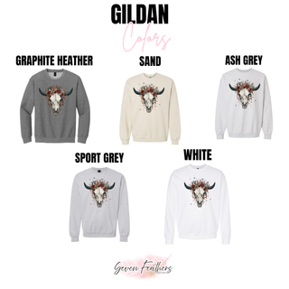 Boho cow skull Gildan crewneck sweatshirt color options - Seven Feathers Boutique