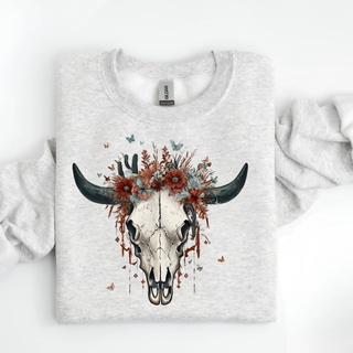 Boho cow skull grey Gildan crewneck sweatshirt lifestyle photo - Seven Feathers Boutique