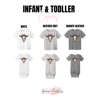 Boho cow skull infant onesie and toddler t-shirt color options - Seven Feathers Boutique