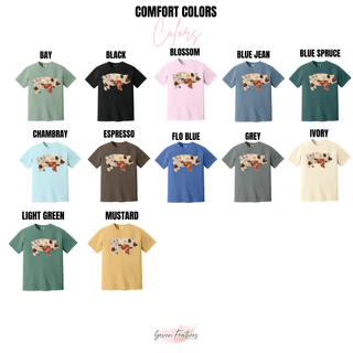 Comfort Colors color chart showing boho patchwork pig design on twelve colors from Bay Black Blossom Blue Jean Blue Spruce Chambray Espresso Flo Blue Grey Ivory Light Green to Mustard