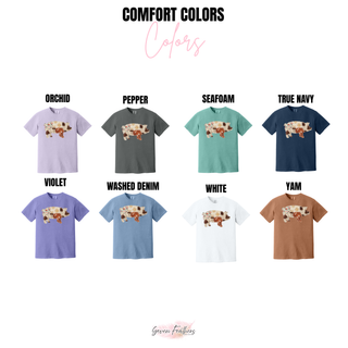 Comfort Colors second color chart showing patchwork pig design on eight more colors from Orchid Pepper Seafoam True Navy Violet Washed Denim White to Yam