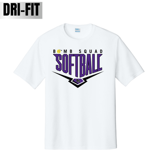 Bomb Squad Chevron Diamond softball logo on a white Dri-Fit performance top