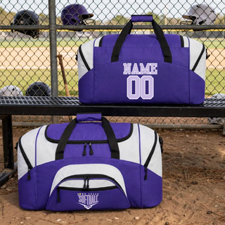 Bomb Squad Chevron Diamond softball logo duffel bags with personalized name and number, shown at a softball field