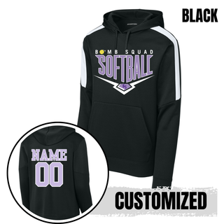 Bomb Squad Chevron Diamond softball logo Fan Favorite colorblock hoodie shown in purple and black