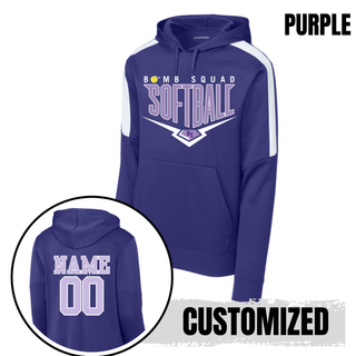 Bomb Squad Chevron Diamond softball logo Fan Favorite colorblock hoodie shown in purple