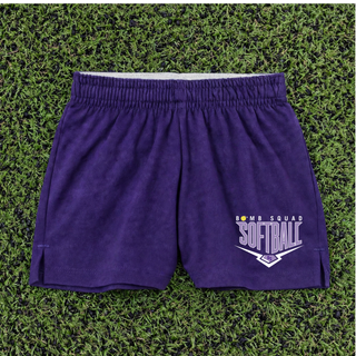 Bomb Squad Chevron Diamond softball logo jersey knit squad shorts shown in purple