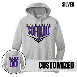 Bomb Squad Chevron Diamond softball logo on a black performance fleece hoodie with optional back name and number