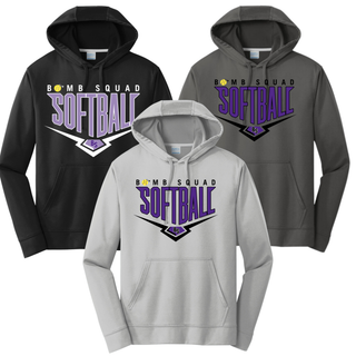 Bomb Squad Chevron Diamond softball logo performance fleece hoodie color options: black, charcoal, and silver