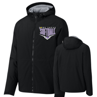 Bomb Squad Chevron Diamond softball logo Waterproof Insulated Jacket in Black, front and back view