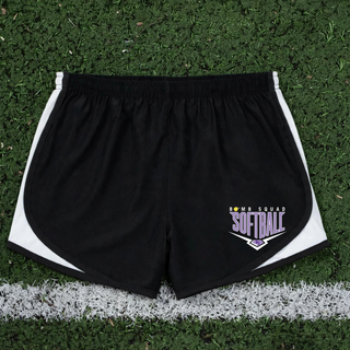 Bomb Squad Chevron Diamond softball logo women's Cadence performance shorts shown in black with white trim