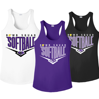 Bomb Squad Chevron Diamond softball logo women's PosiCharge racerback tank shown in white, purple, and black