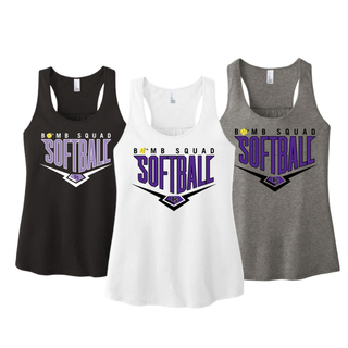 Bomb Squad Chevron Diamond Softball women's racerback tank shown in Black, White, and Grey Frost