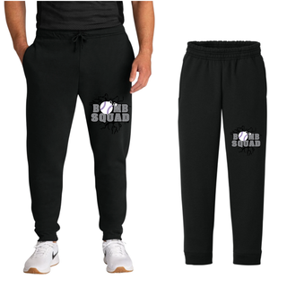 Bomb Squad Dark Grey Softball Logo core fleece joggers, close-up view