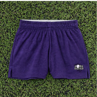 Bomb Squad Dark Grey Softball Logo jersey knit squad shorts, close-up view