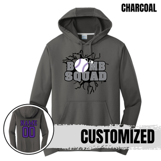 Bomb Squad Dark Grey Softball Logo performance fleece hoodie in black with optional back name and number