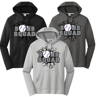 Bomb Squad Dark Grey Softball Logo performance fleece hoodie in black, charcoal, and silver