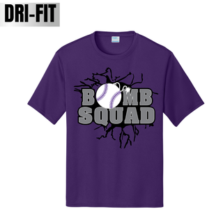 Bomb Squad Dark Grey Softball Logo design on a purple Dri-Fit performance top
