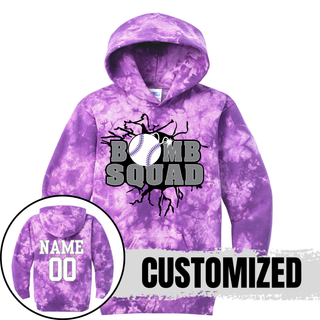 Bomb Squad Dark Grey Softball Logo purple crystal tie-dye hoodie, back with optional name and number