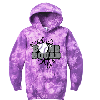 Bomb Squad Dark Grey Softball Logo purple crystal tie-dye hoodie, front
