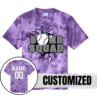 Bomb Squad Dark Grey Softball Logo purple crystal tie-dye tee, back with optional name and number