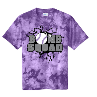 Bomb Squad Dark Grey Softball Logo purple crystal tie-dye tee, front