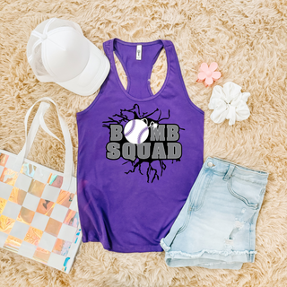 Bomb Squad Dark Grey Softball Logo women's racerback tank in Purple Rush