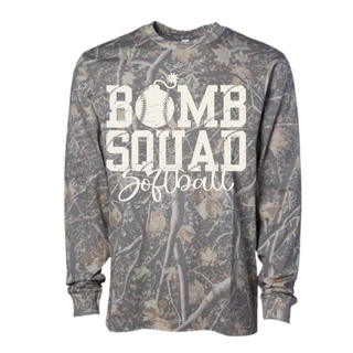 Bomb Squad Distressed Softball Logo camo long sleeve top front view