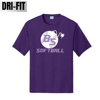 Bomb Squad Fuse Softball logo close-up on a Dri-Fit performance top
