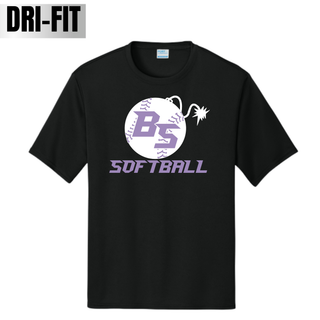 Bomb Squad Fuse Softball logo on a purple Dri-Fit performance top