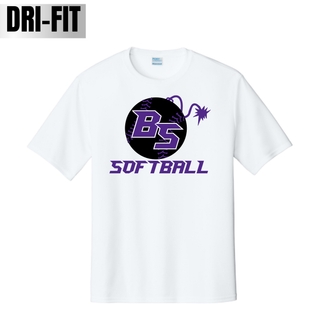 Bomb Squad Fuse Softball logo on a white Dri-Fit performance top