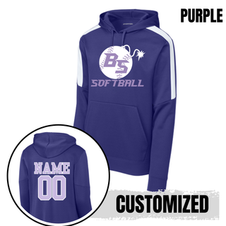 Alternate view of the Bomb Squad Fuse Softball Fan Favorite Colorblock Hoodie with BS softball and fuse artwork