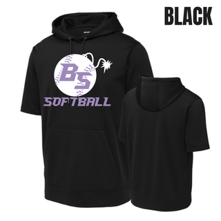 Bomb Squad Fuse Softball Fleece Short Sleeve Hooded Pullover featuring the BS softball and fuse artwork