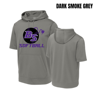 Alternate view of the Bomb Squad Fuse Softball Fleece Short Sleeve Hooded Pullover with BS softball and fuse artwork