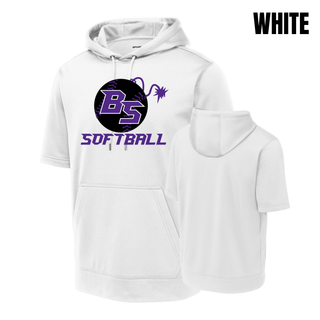 Additional view of the Bomb Squad Fuse Softball Fleece Short Sleeve Hooded Pullover with BS softball and fuse artwork