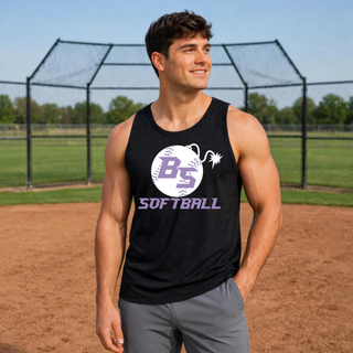 Bomb Squad Fuse Softball Men’s PosiCharge Competitor Tank featuring the BS softball and fuse artwork
