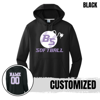 Bomb Squad Fuse Softball logo on a black performance fleece hoodie with optional back name and number