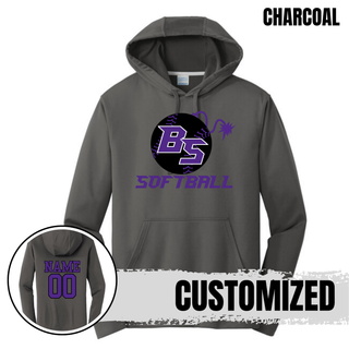 Bomb Squad Fuse Softball logo on a charcoal performance fleece hoodie with optional back name and number