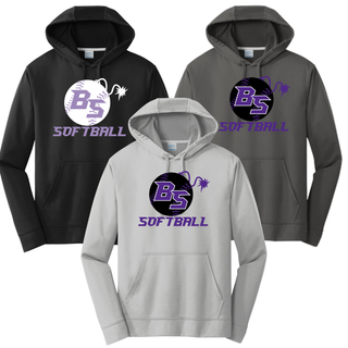 Bomb Squad Fuse Softball performance fleece hoodie color options: black, charcoal, and silver