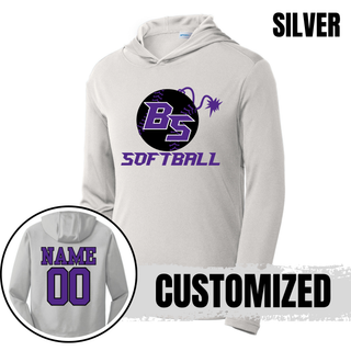 Alternate view of the Bomb Squad Fuse Softball PosiCharge Competitor Hoodie with BS softball and fuse artwork