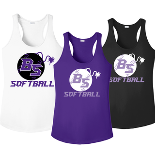 Bomb Squad Fuse Softball Women’s PosiCharge Racerback Tank featuring the BS softball and fuse artwork
