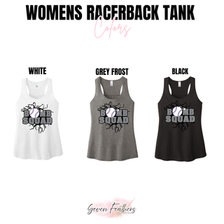 Bomb Squad grey softball logo women's racerback tank color options in White, Grey Frost, and Black