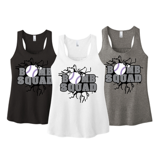 Bomb Squad grey softball logo women's racerback tank shown in Black, White, and Grey Frost