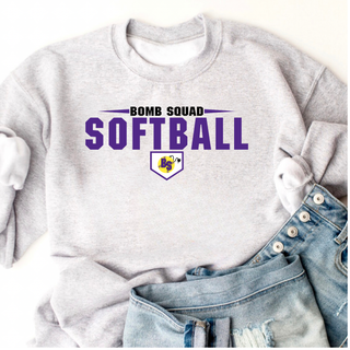Grey Bomb Squad Home Plate Softball Logo crewneck sweatshirt with denim shorts