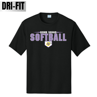 Bomb Squad Home Plate softball logo on a black Dri-Fit performance top
