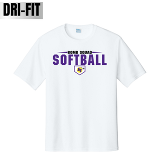 Bomb Squad Home Plate softball logo on a purple Dri-Fit performance top