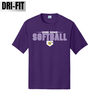 Bomb Squad Home Plate softball logo on a white Dri-Fit performance top