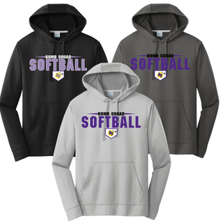 Bomb Squad Home Plate softball logo performance fleece hoodie color options: black, charcoal, and silver