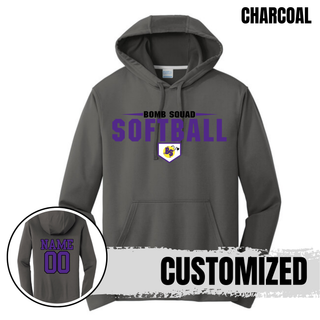 Bomb Squad Home Plate softball logo on a silver performance fleece hoodie with optional back name and number