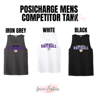 Bomb Squad home plate softball logo Men's PosiCharge Competitor tank shown in Iron Grey, White, and Black